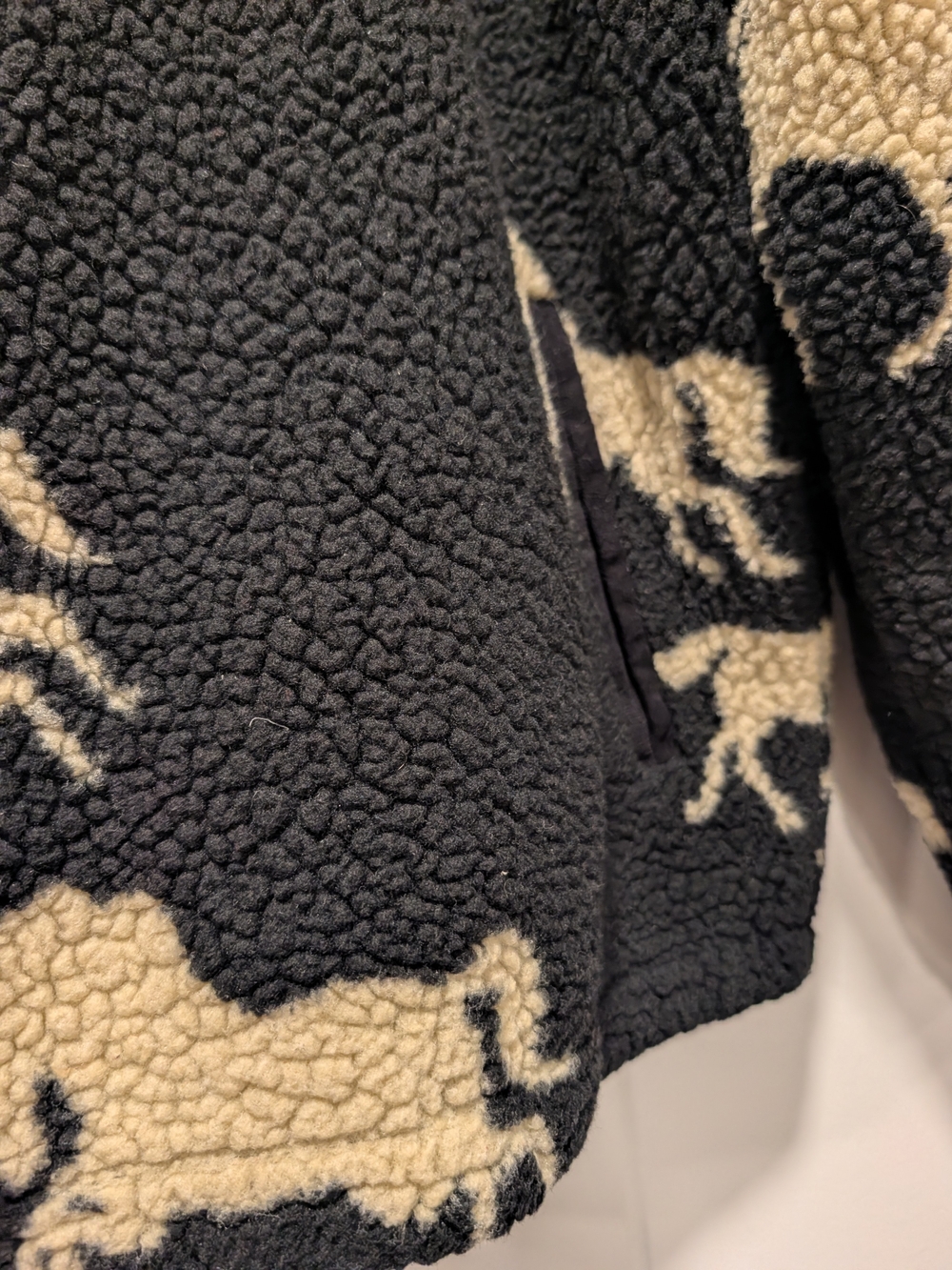 VINTAGE 90s Women's Horse Equestrian Print Black Sherpa Reversible Jacket Coat - Picture 10 of 10